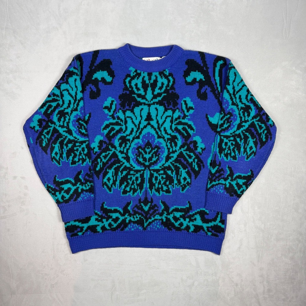 90s Mens Ricki Vintage Damask Knit Crewneck Sweater Blue Teal Large